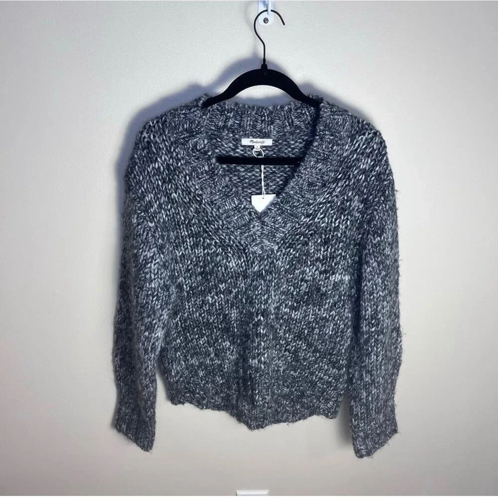 Madewell Sweater Women S Black White Italian Yarn Wool Alpaca V-Neck Marled Knit - Picture 6 of 7